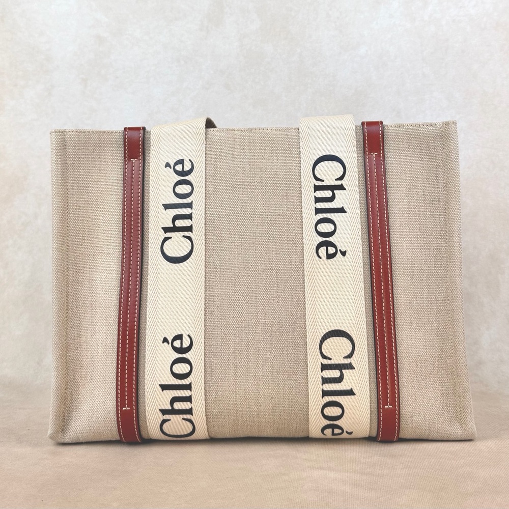 Chloé Woody Medium Tote Beige Linen Canvas Logo Strap Brown Leather Trim - Picture 6 of 17